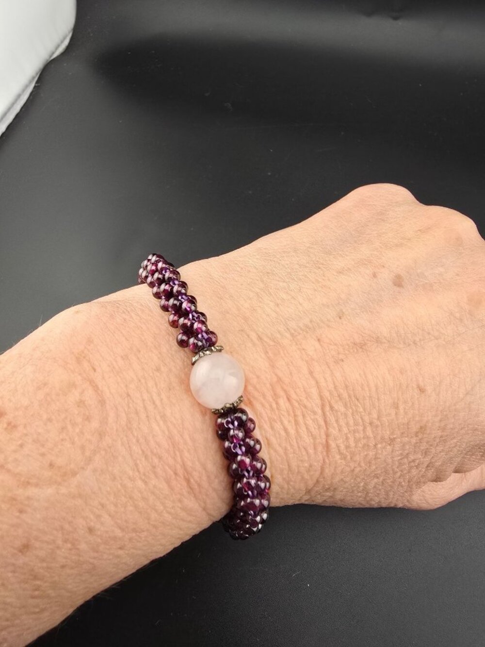 Handmade Garnet & Jadeite Beaded Stretch Bracelet Boho - Picture 2 of 6